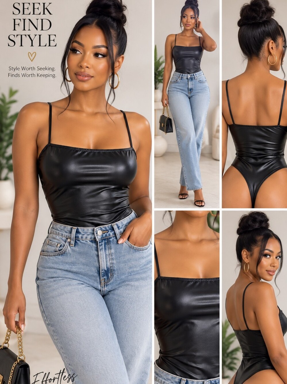 NWT Marci Black Faux Leather Wet Look Cami Bodysuit Size Medium